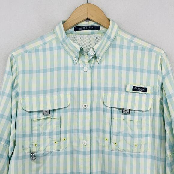 COLUMBIA Top Womens M PFG SUPER BAHAMA Plaid Roll Tab Fishing Button Down White - Picture 3 of 16